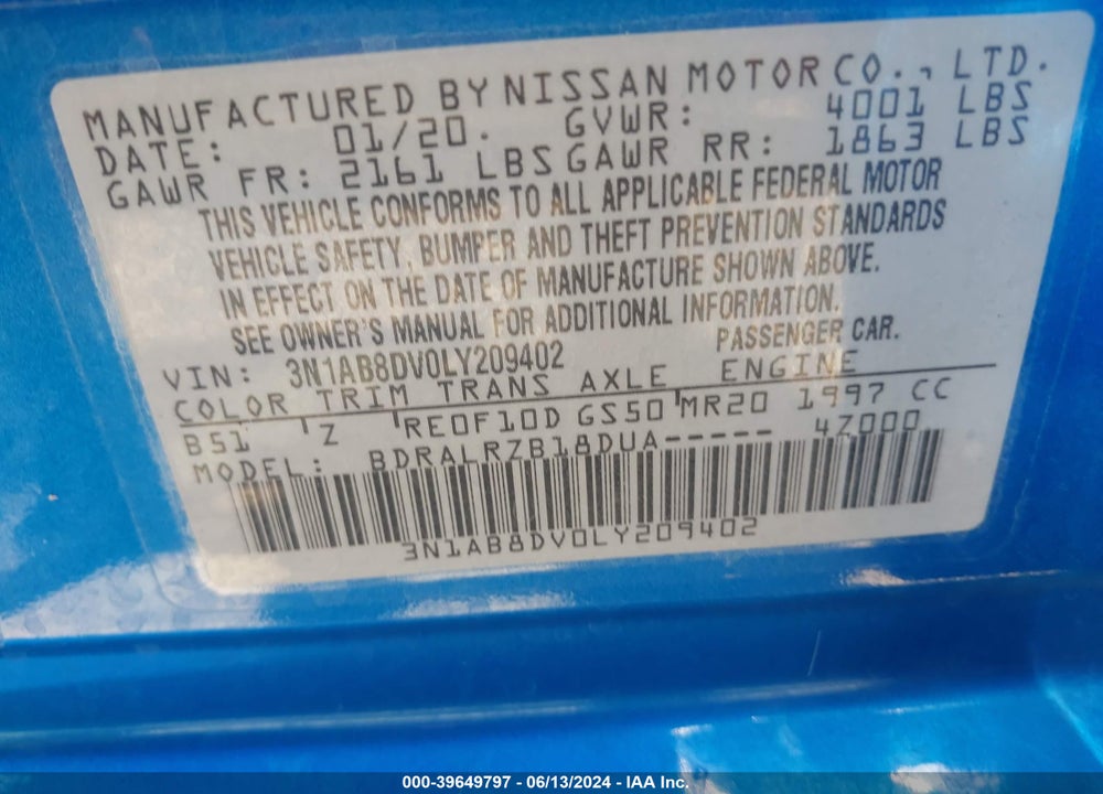 2020 NISSAN SENTRA SR XTRONIC CVT VIN: 3N1AB8DV0LY209402