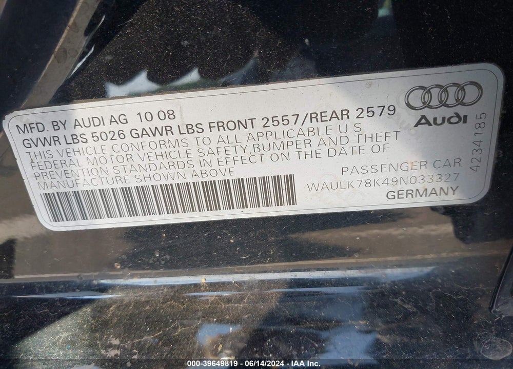 2009 AUDI A4 3.2 PREMIUM PLUS VIN: WAULK78K49N033327