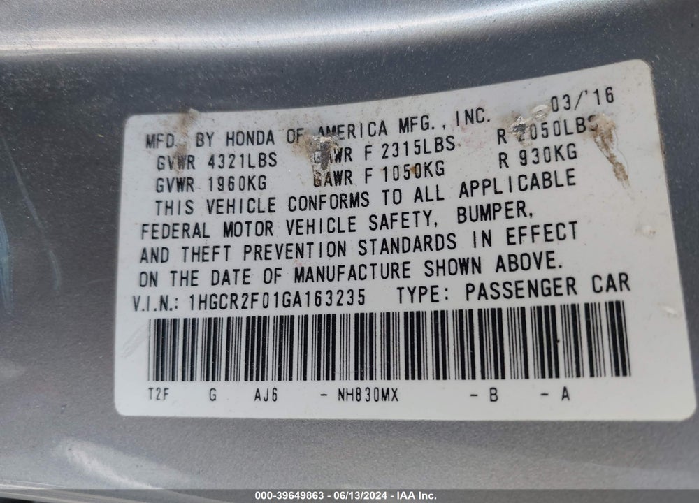 2016 HONDA ACCORD VIN: 1HGCR2F01GA163235