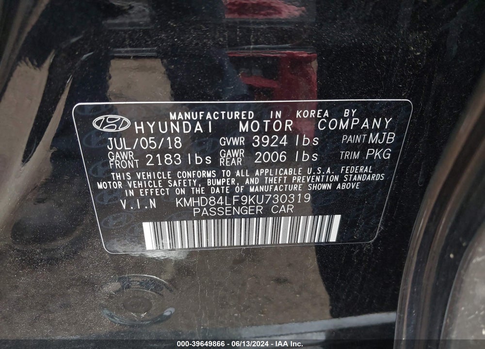 2019 HYUNDAI ELANTRA SEL VIN: KMHD84LF9KU730319