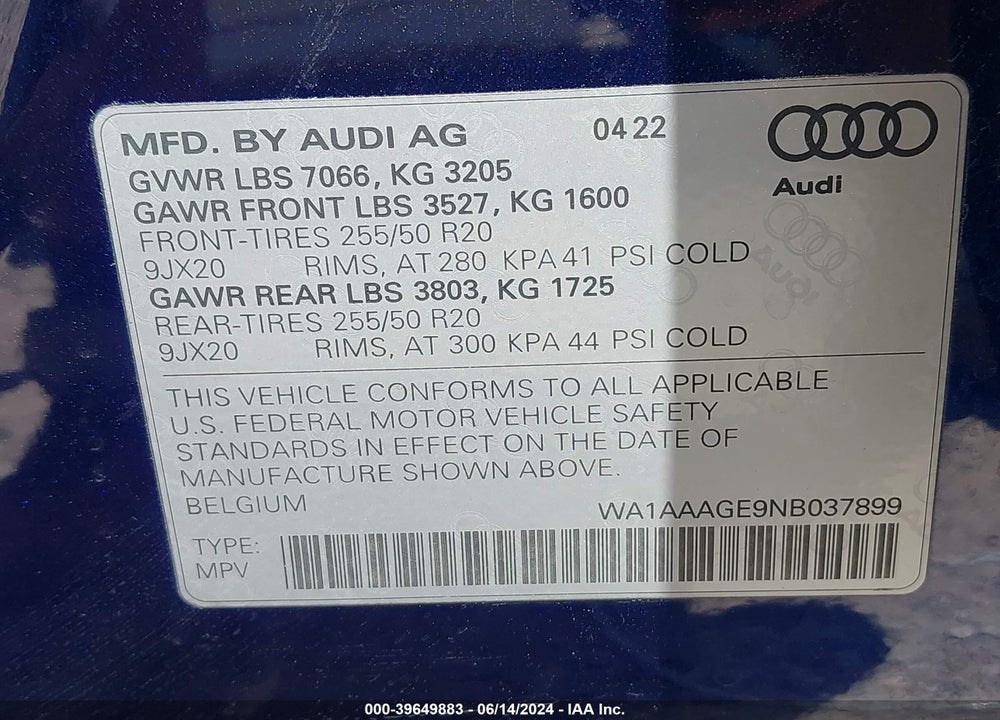 2022 AUDI E-TRON PREMIUM QUATTRO VIN: WA1AAAGE9NB037899