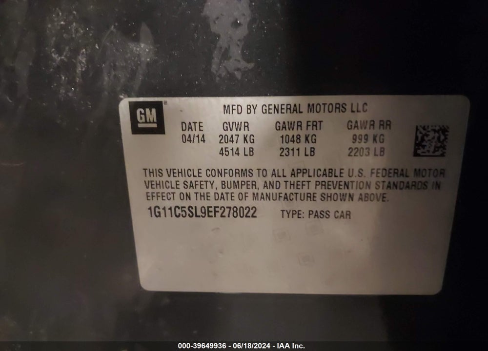 2014 CHEVROLET MALIBU 1LT VIN: 1G11C5SL9EF278022