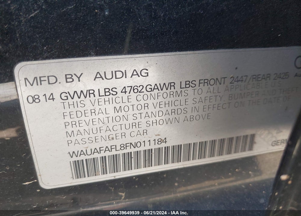 2015 AUDI A4 2.0T PREMIUM VIN: WAUAFAFL8FN011184