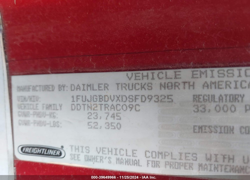 2013 FREIGHTLINER CASCADIA 113 VIN: 1FUJGBDVXDSFD9325