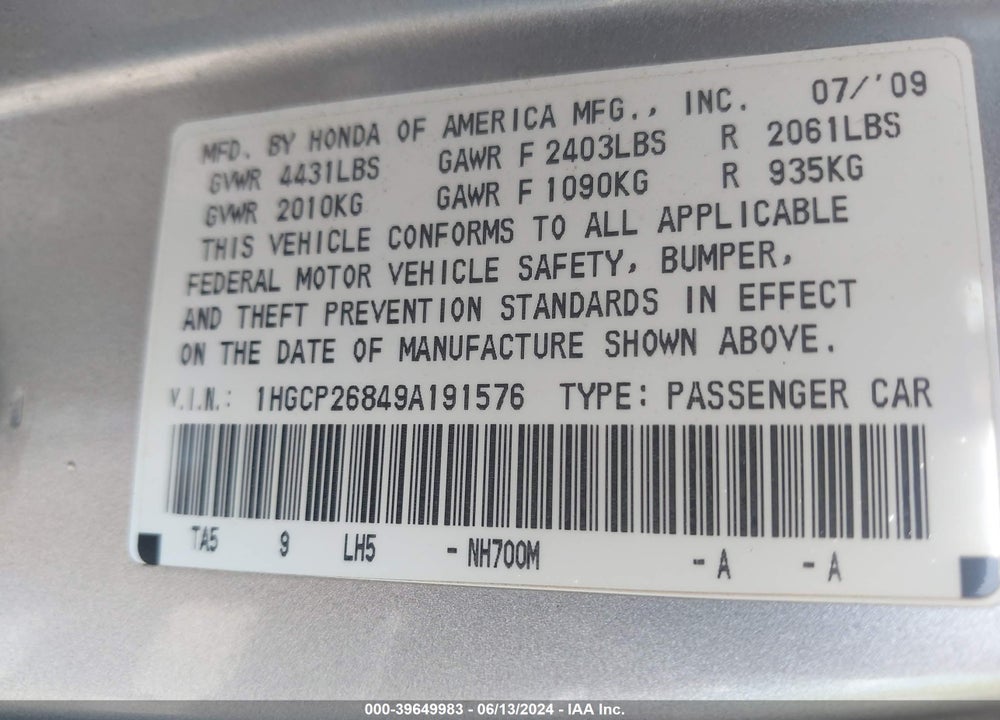 2009 HONDA ACCORD 2.4 EX-L VIN: 1HGCP26849A191576
