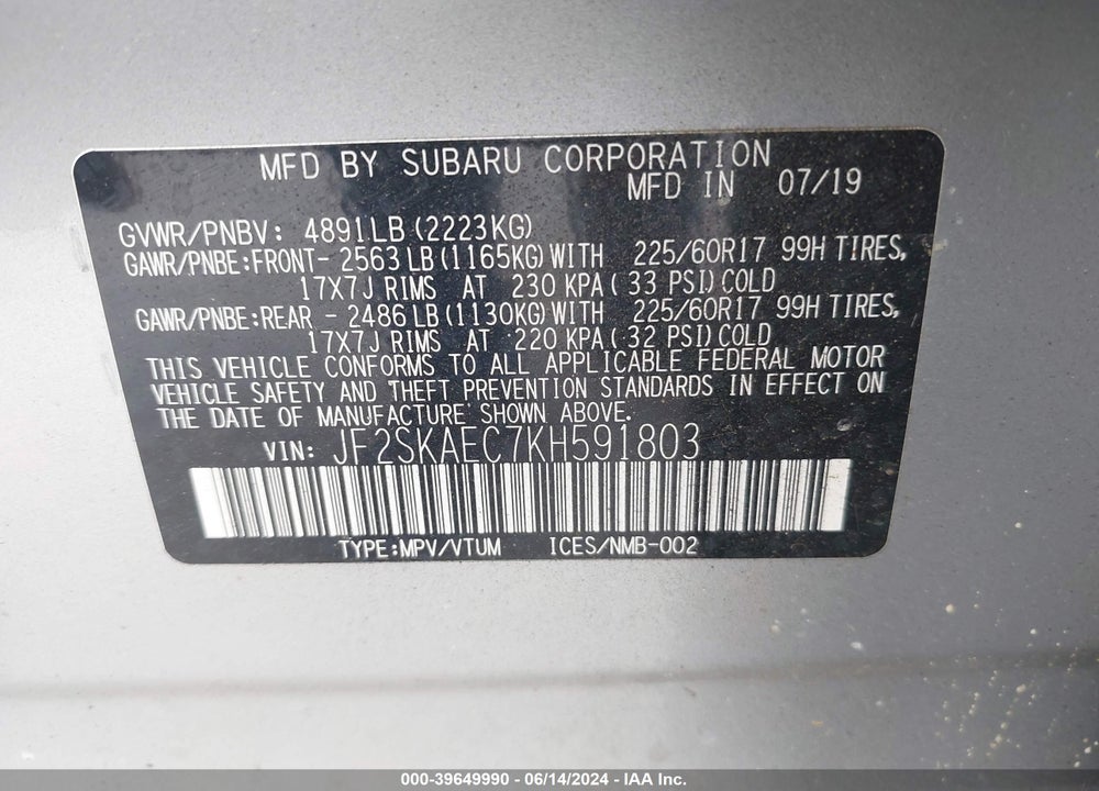 2019 SUBARU FORESTER PREMIUM VIN: JF2SKAEC7KH591803