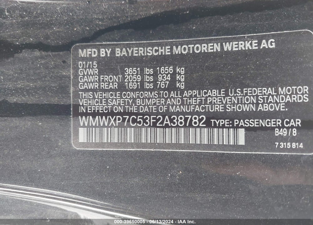 2015 MINI HARDTOP COOPER S VIN: WMWXP7C53F2A38782