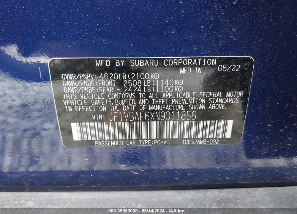 2022 SUBARU WRX PREMIUM VIN: JF1VBAF6XN9011856