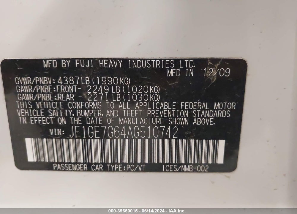 2010 SUBARU IMPREZA WRX LIMITED VIN: JF1GE7G64AG510742