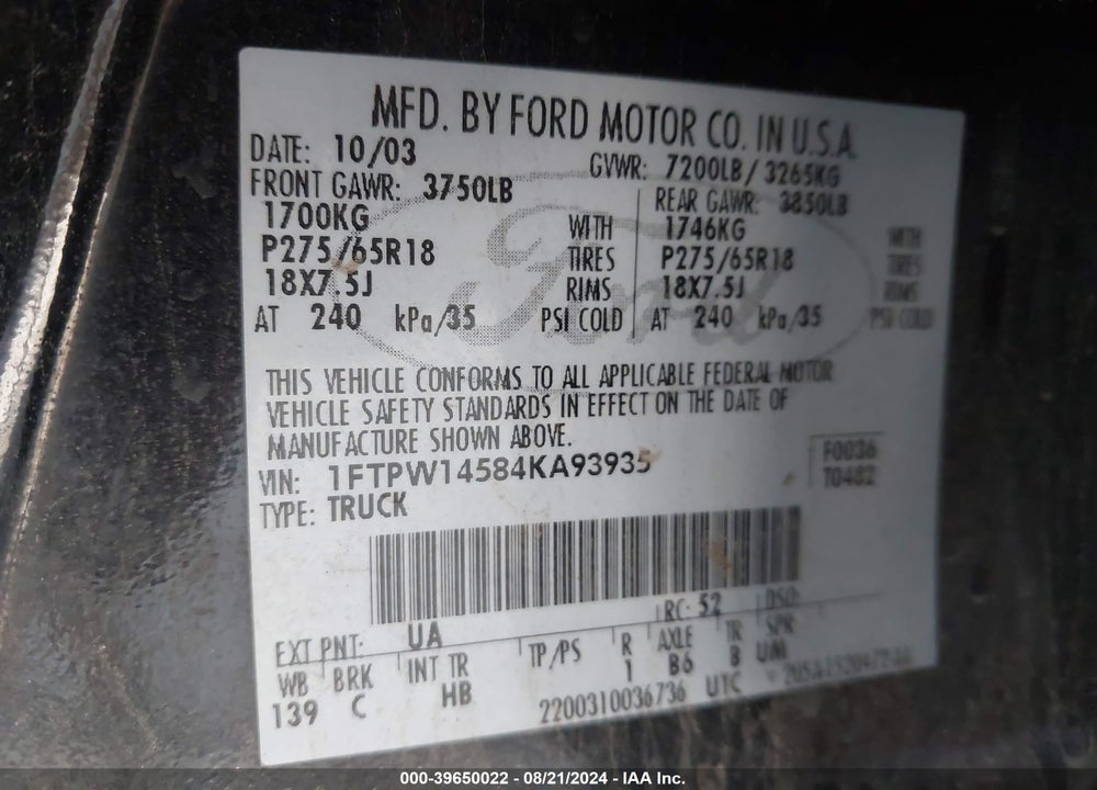 2004 FORD F-150 FX4/LARIAT/XLT VIN: 1FTPW14584KA93935