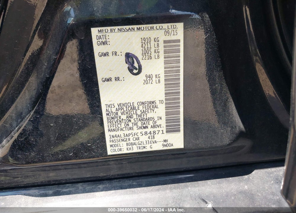2015 NISSAN ALTIMA 2.5 S VIN: 1N4AL3AP5FC584871