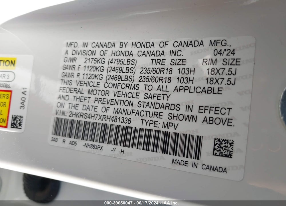 2024 HONDA CR-V EX-L AWD VIN: 2HKRS4H7XRH481336