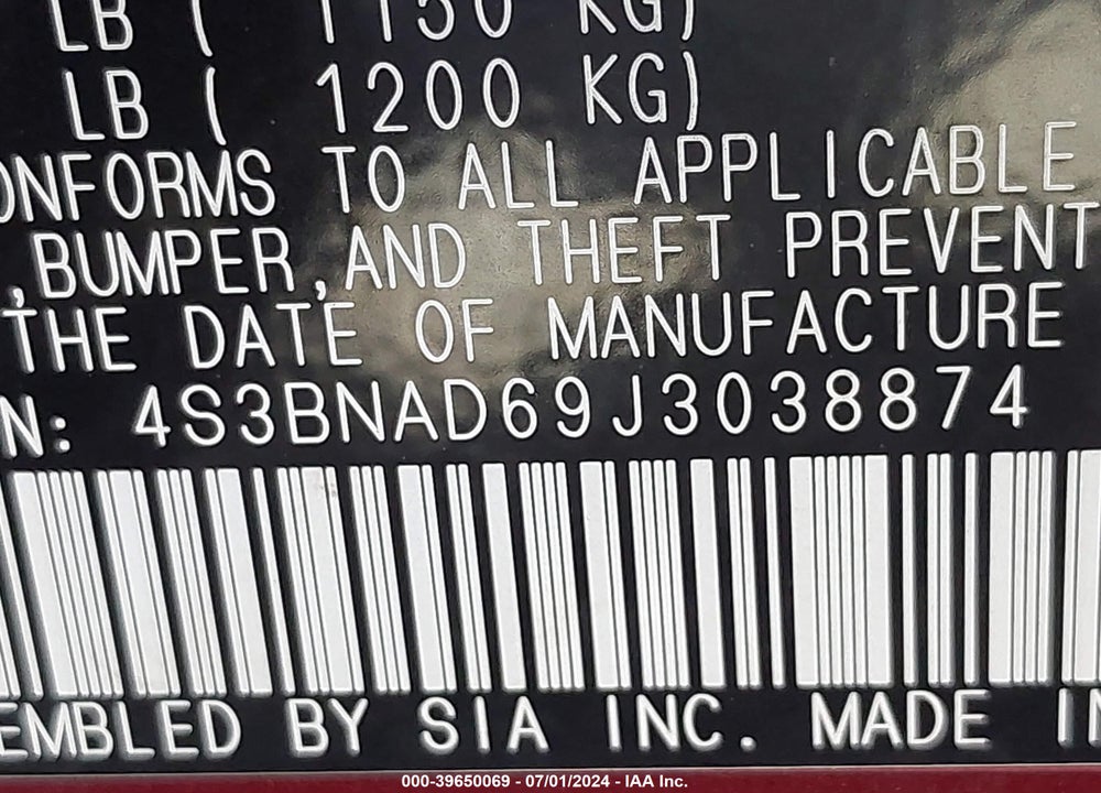 2018 SUBARU LEGACY 2.5I PREMIUM VIN: 4S3BNAD69J3038874