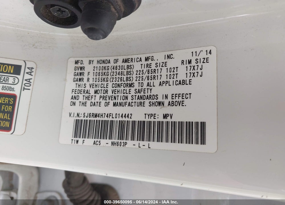 2015 HONDA CR-V EX-L VIN: 5J6RM4H74FL014442