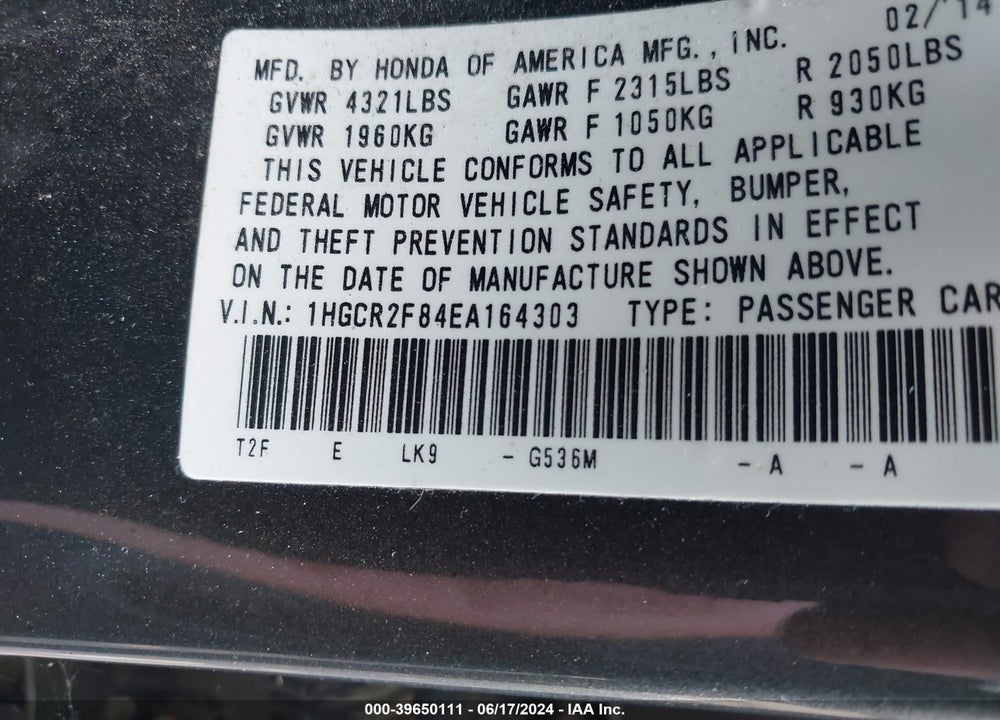 2014 HONDA ACCORD EX-L VIN: 1HGCR2F84EA164303