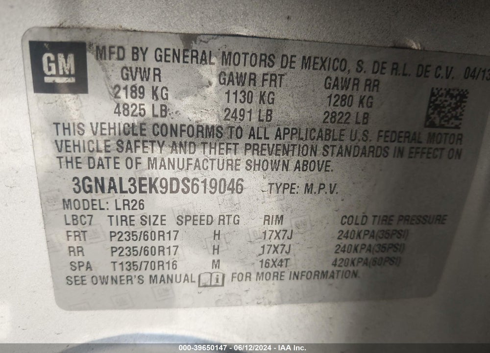 2013 CHEVROLET CAPTIVA SPORT LT VIN: 3GNAL3EK9DS619046