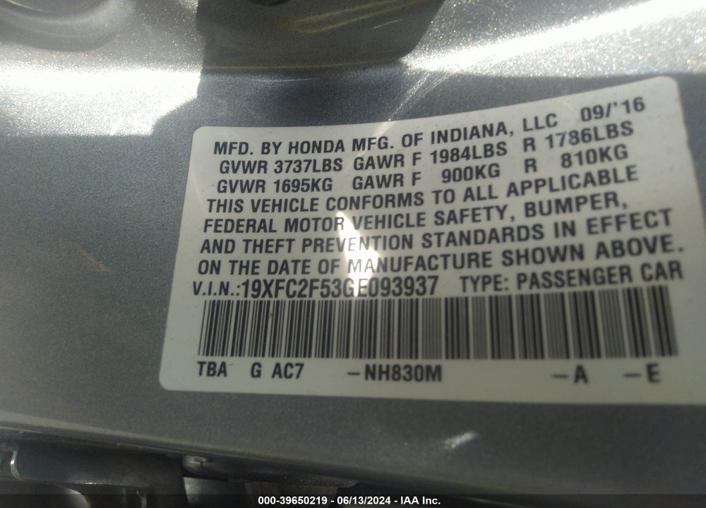 2016 HONDA CIVIC LX VIN: 19XFC2F53GE093937