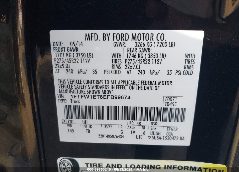 2014 FORD F-150 LIMITED VIN: 1FTFW1ET6EFB99674