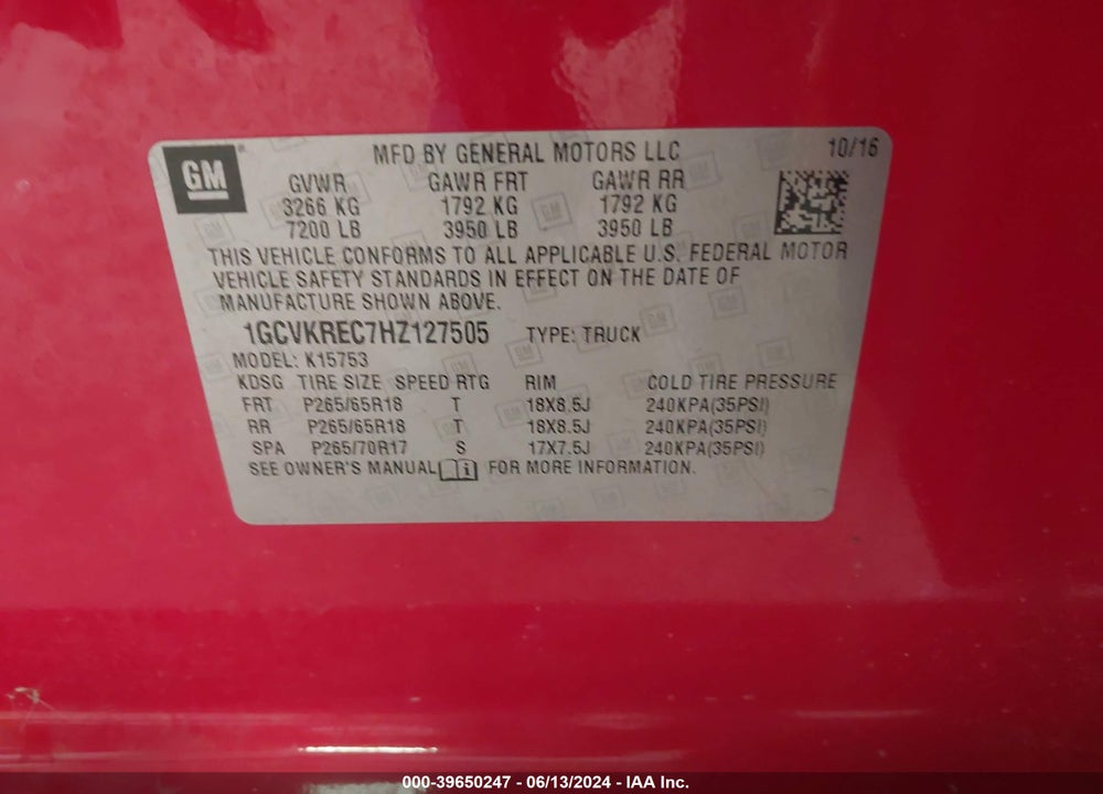 2017 CHEVROLET SILVERADO 1500 1LT VIN: 1GCVKREC7HZ127505