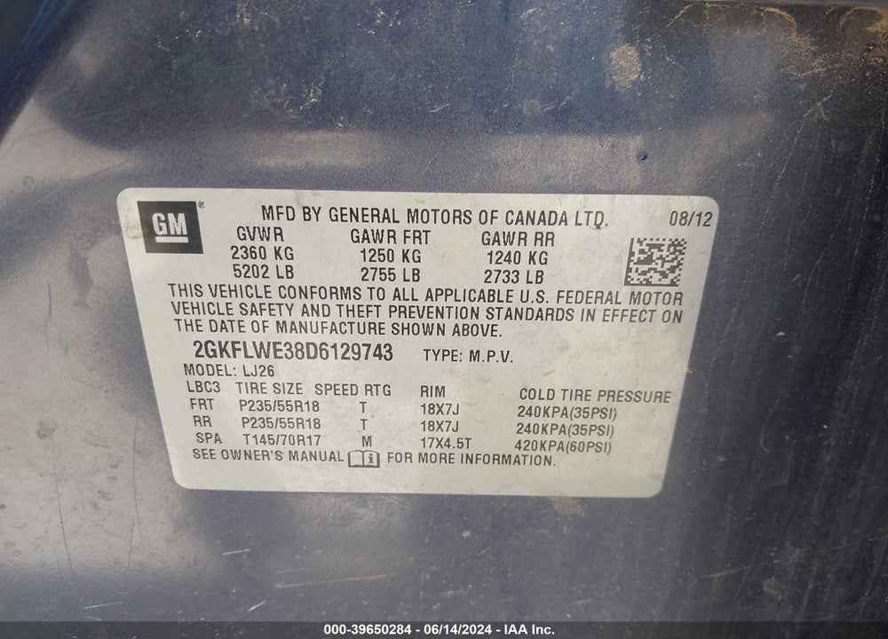 2013 GMC TERRAIN SLT-2 VIN: 2GKFLWE38D6129743