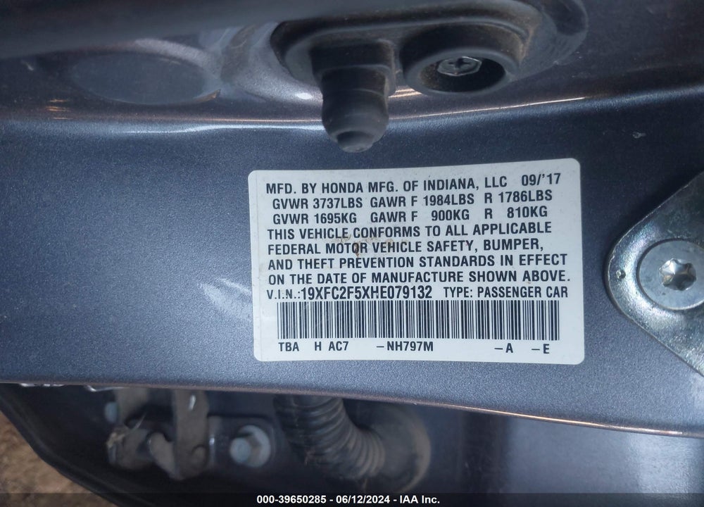 2017 HONDA CIVIC LX VIN: 19XFC2F5XHE079132