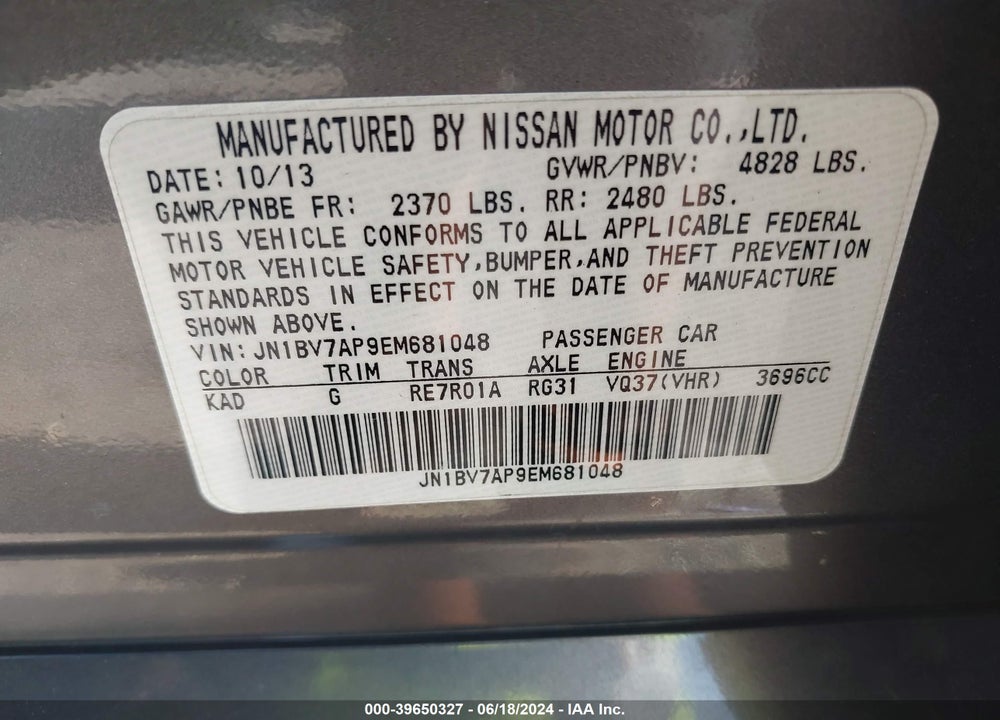 2014 INFINITI Q50 PREMIUM VIN: JN1BV7AP9EM681048