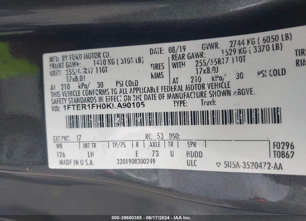 2019 FORD RANGER XL VIN: 1FTER1FH0KLA90105