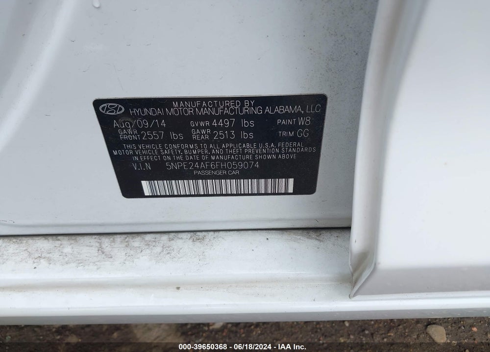 2015 HYUNDAI SONATA SE VIN: 5NPE24AF6FH059074