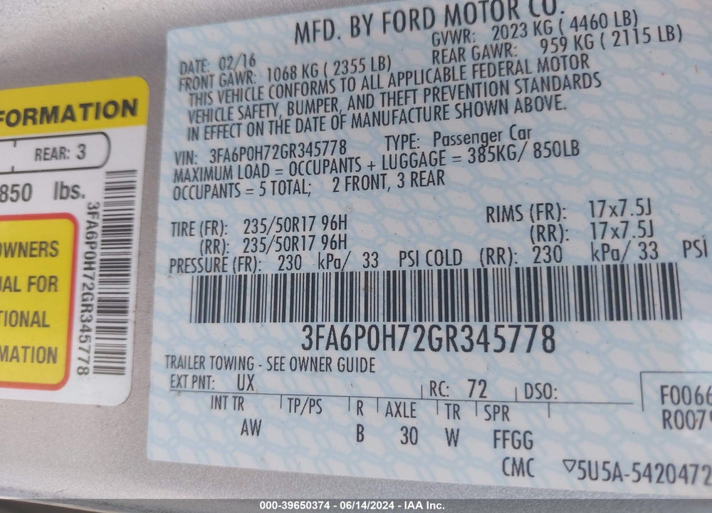 2016 FORD FUSION SE VIN: 3FA6P0H72GR345778