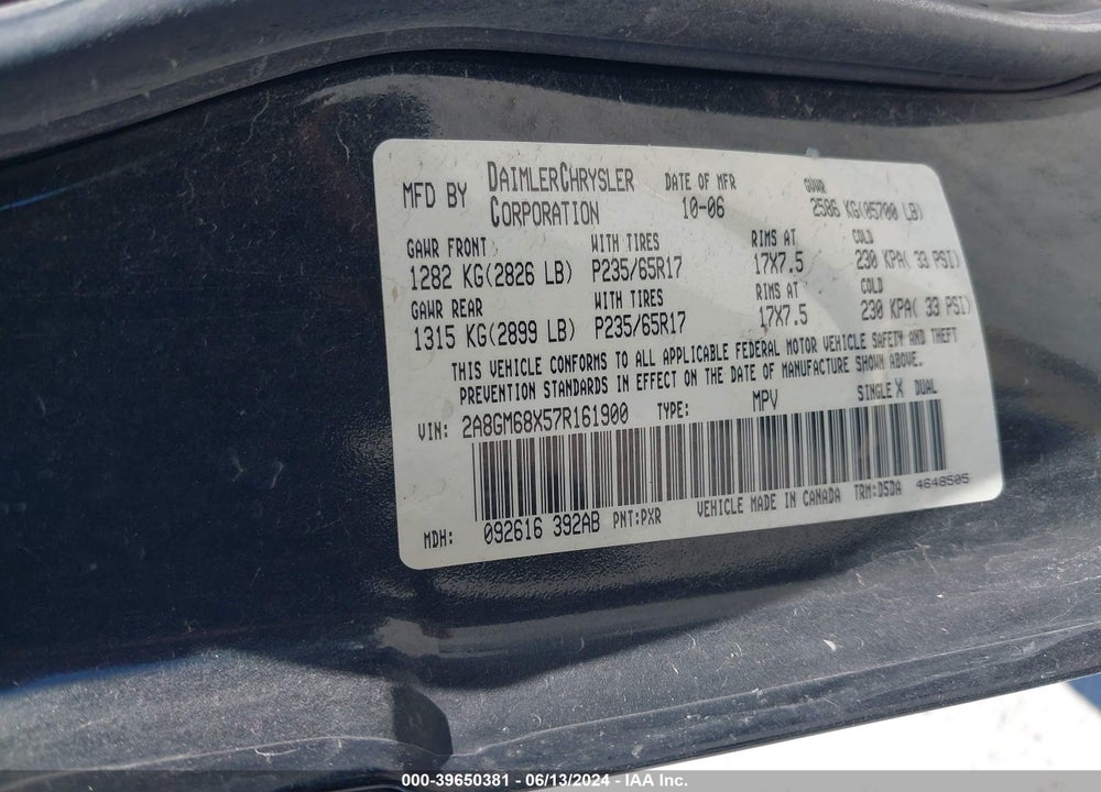2007 CHRYSLER PACIFICA TOURING VIN: 2A8GM68X57R161900