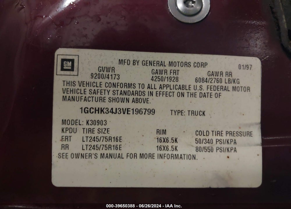 1997 CHEVROLET K3500 HD FLEETSIDE VIN: 1GCHK34J3VE196799