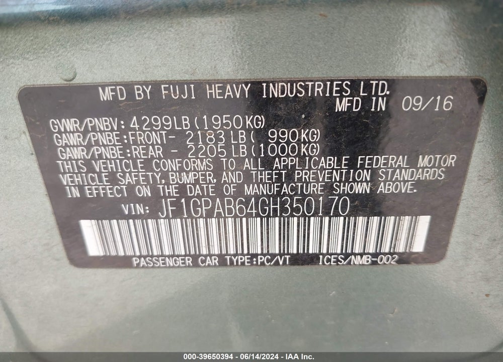 2016 SUBARU IMPREZA 2.0I PREMIUM VIN: JF1GPAB64GH350170