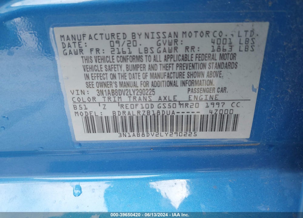 2020 NISSAN SENTRA SR XTRONIC CVT VIN: 3N1AB8DV2LY290225