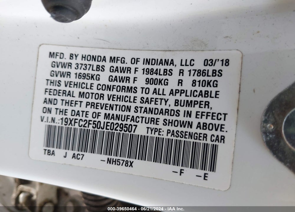 2018 HONDA CIVIC LX VIN: 19XFC2F50JE029507