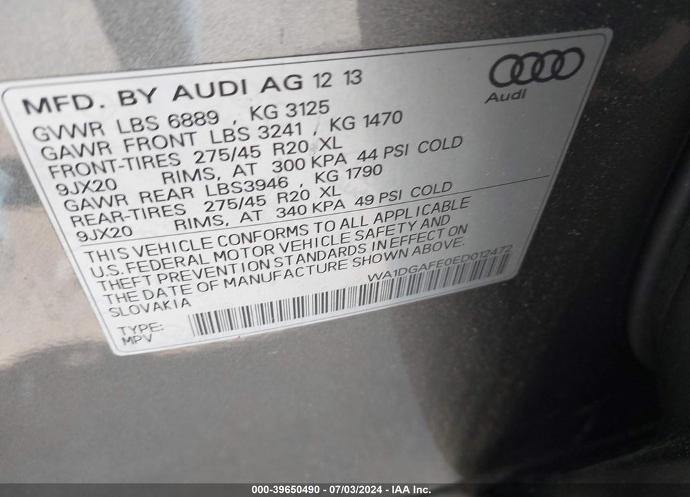 2014 AUDI Q7 3.0T S LINE PRESTIGE VIN: WA1DGAFE0ED012472