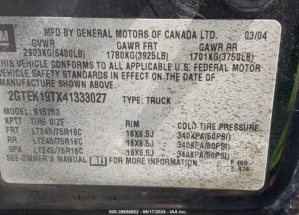 2004 GMC SIERRA 1500 SLE VIN: 2GTEK19TX41333027