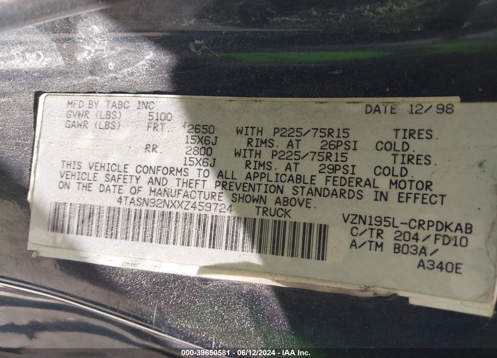 1999 TOYOTA TACOMA PRERUNNER V6 VIN: 4TASN92NXXZ459724