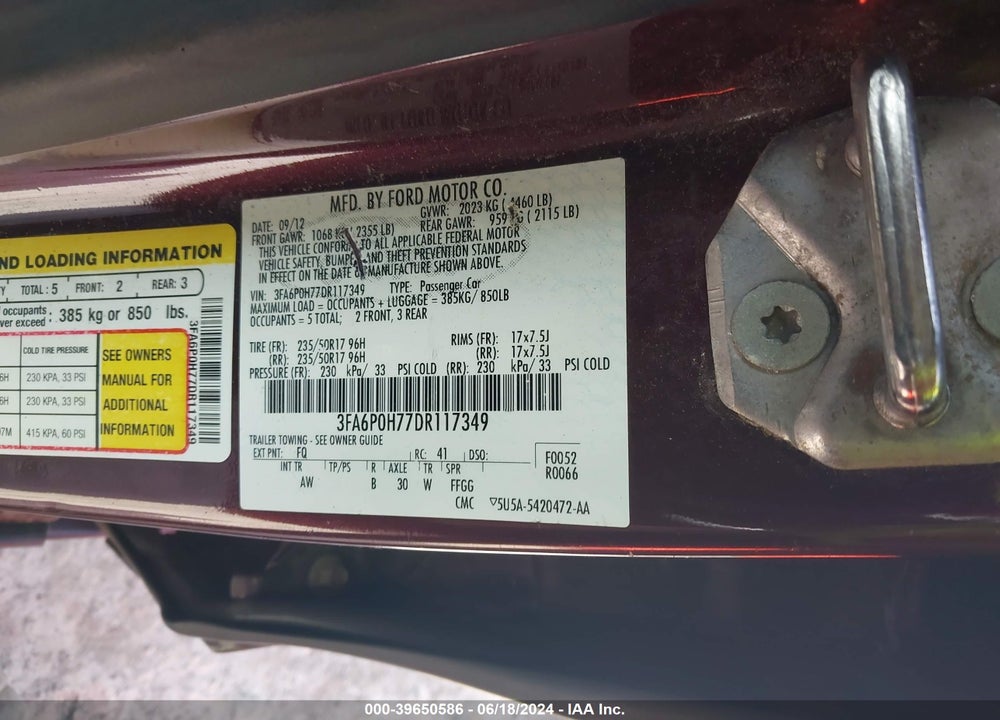 2013 FORD FUSION SE VIN: 3FA6P0H77DR117349