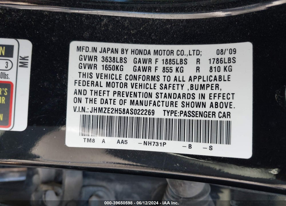 2010 HONDA INSIGHT LX VIN: JHMZE2H58AS022269