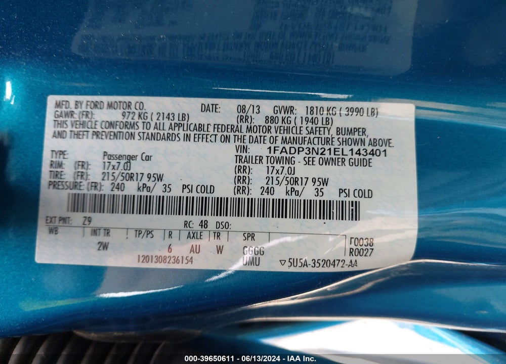 2014 FORD FOCUS TITANIUM VIN: 1FADP3N21EL143401
