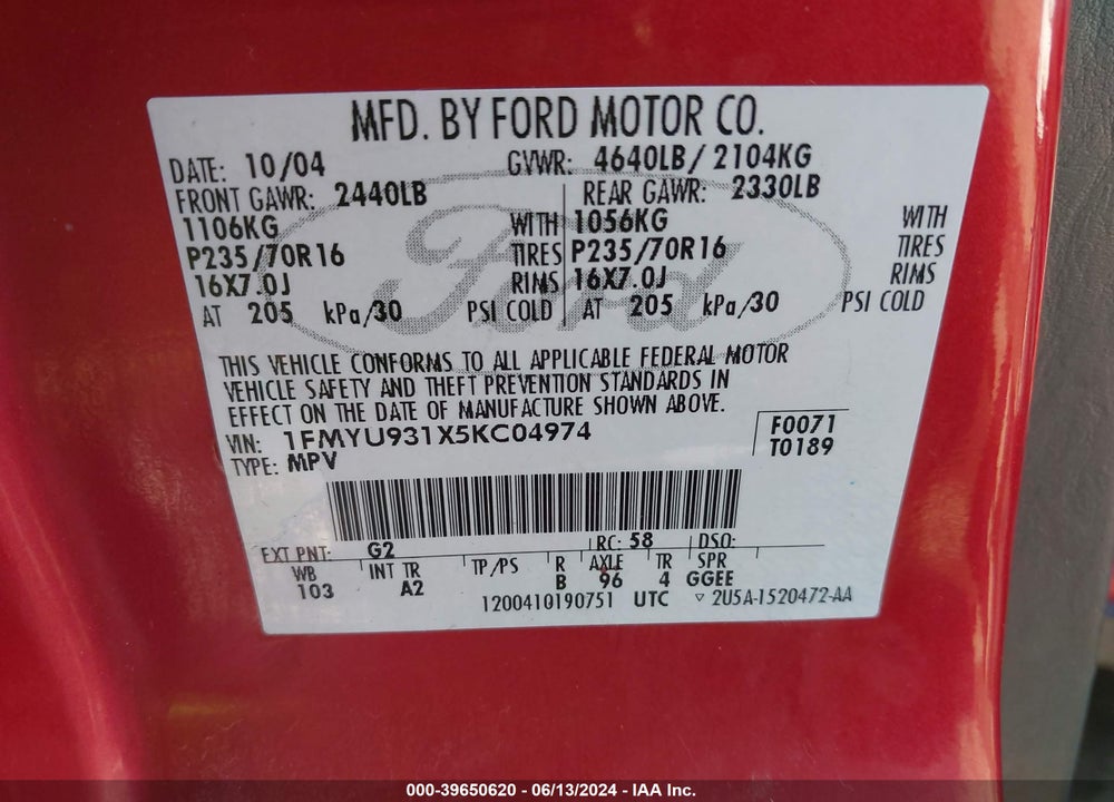 2005 FORD ESCAPE XLT VIN: 1FMYU931X5KC04974