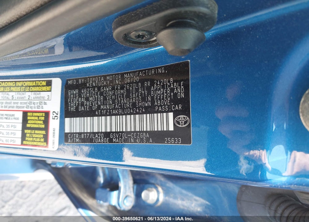 2020 TOYOTA CAMRY XLE V6 VIN: 4T1FZ1AK9LU042424