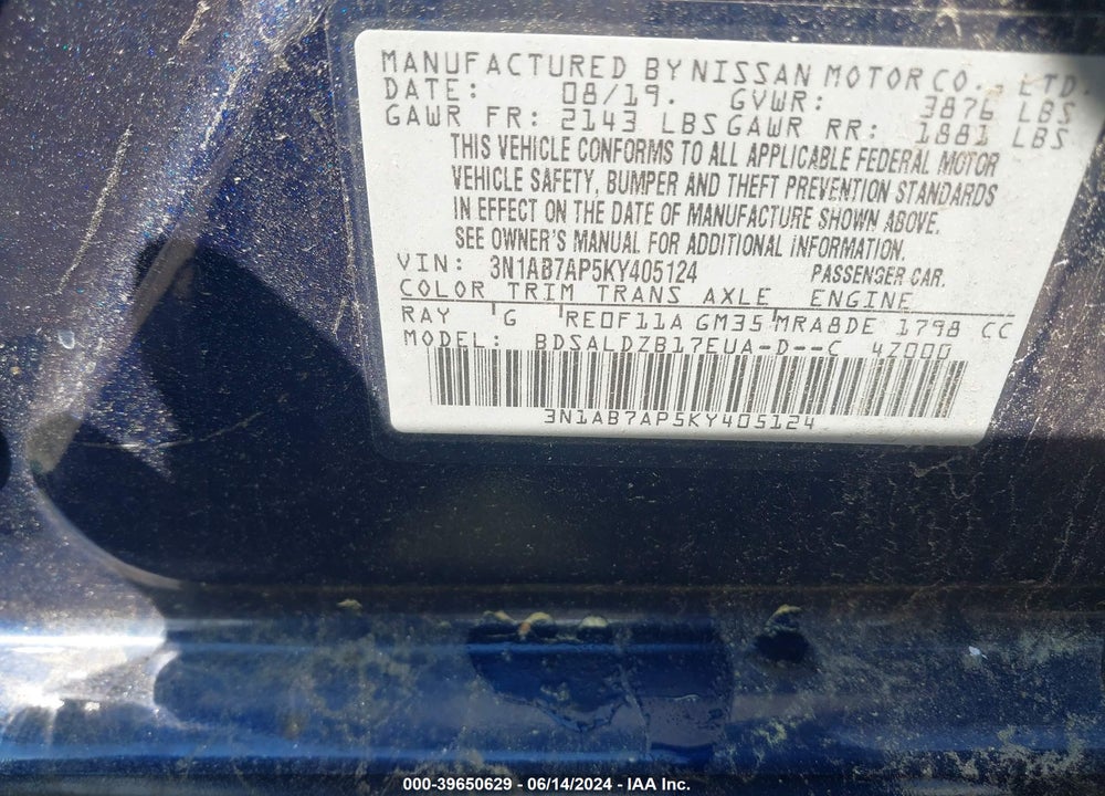 2019 NISSAN SENTRA SV VIN: 3N1AB7AP5KY405124