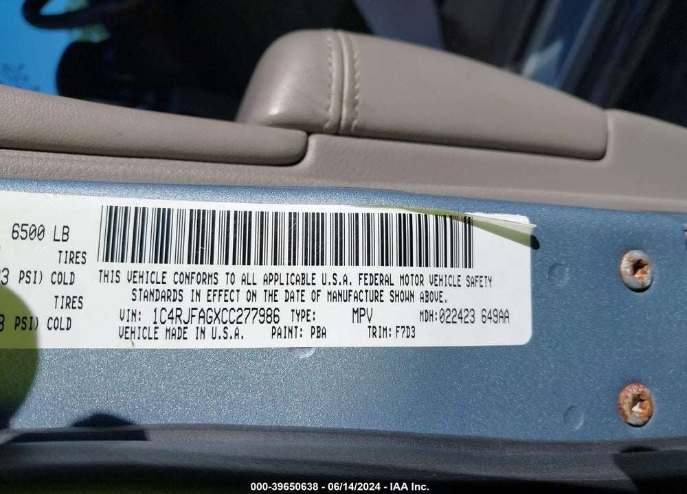 2012 JEEP GRAND CHEROKEE LAREDO VIN: 1C4RJFAGXCC277986