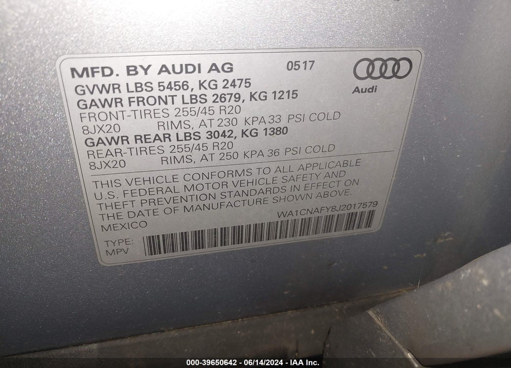 2018 AUDI Q5 VIN: WA1CNAFY8J2017579
