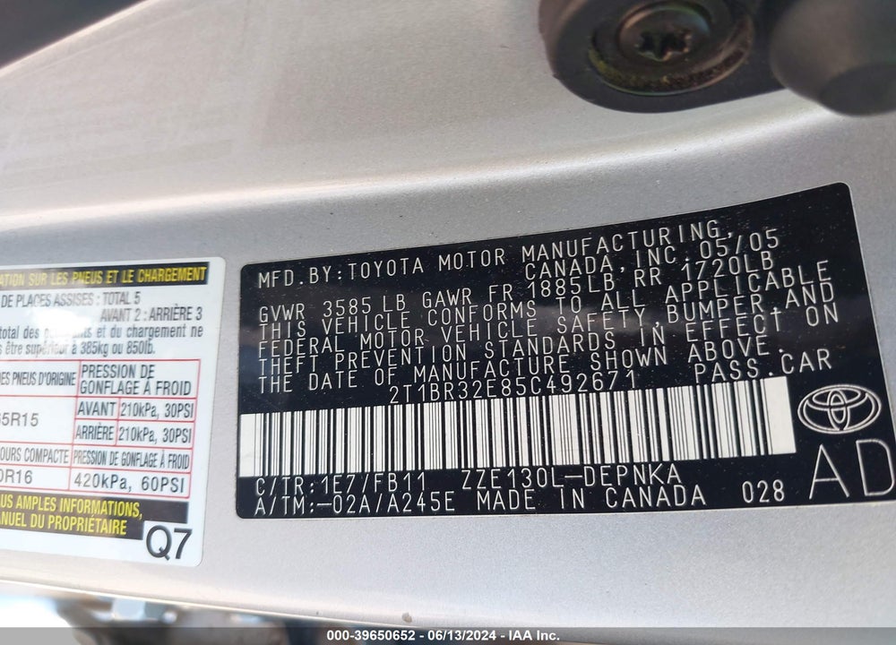 2005 TOYOTA COROLLA VIN: 2T1BR32E85C492671