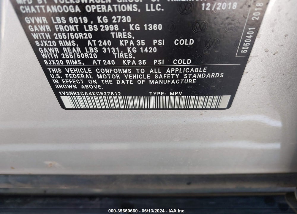 2019 VOLKSWAGEN ATLAS 3.6L V6 SEL PREMIUM VIN: 1V2NR2CA4KC527812