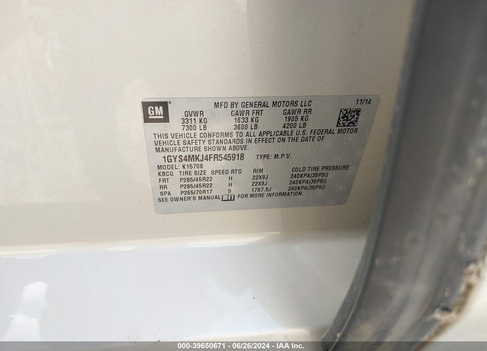 2015 CADILLAC ESCALADE LUXURY VIN: 1GYS4MKJ4FR545918