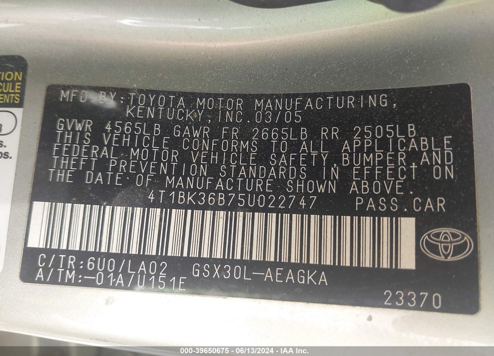 2005 TOYOTA AVALON VIN: 4T1BK36B75U022747