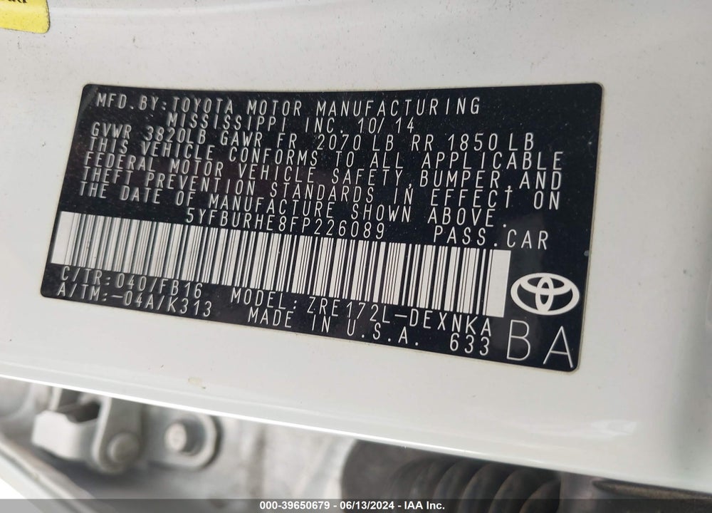 2015 TOYOTA COROLLA LE VIN: 5YFBURHE8FP226089